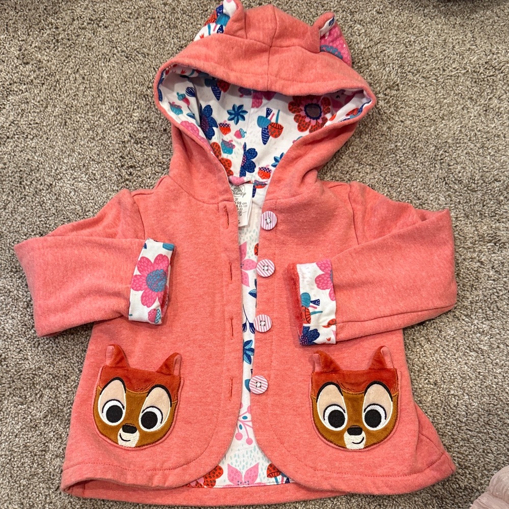 Disney Coral Hooded Kids Jacket with Floral Lining and Deer Pockets